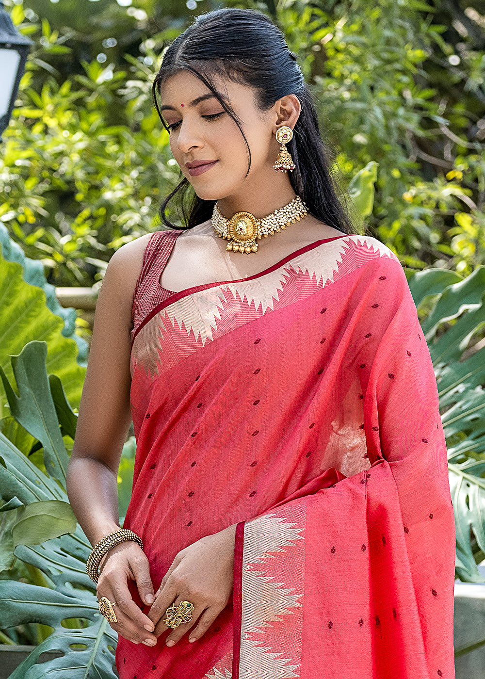 Watermelon Pink Zari Woven Triangle Border Raw Silk Saree with Butti Overall