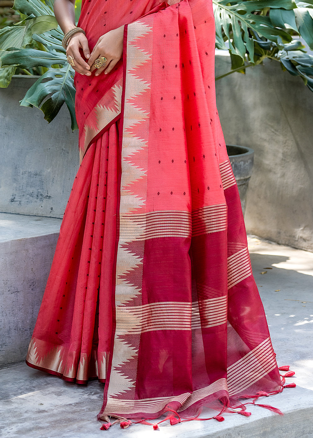 Watermelon Pink Zari Woven Triangle Border Raw Silk Saree with Butti Overall