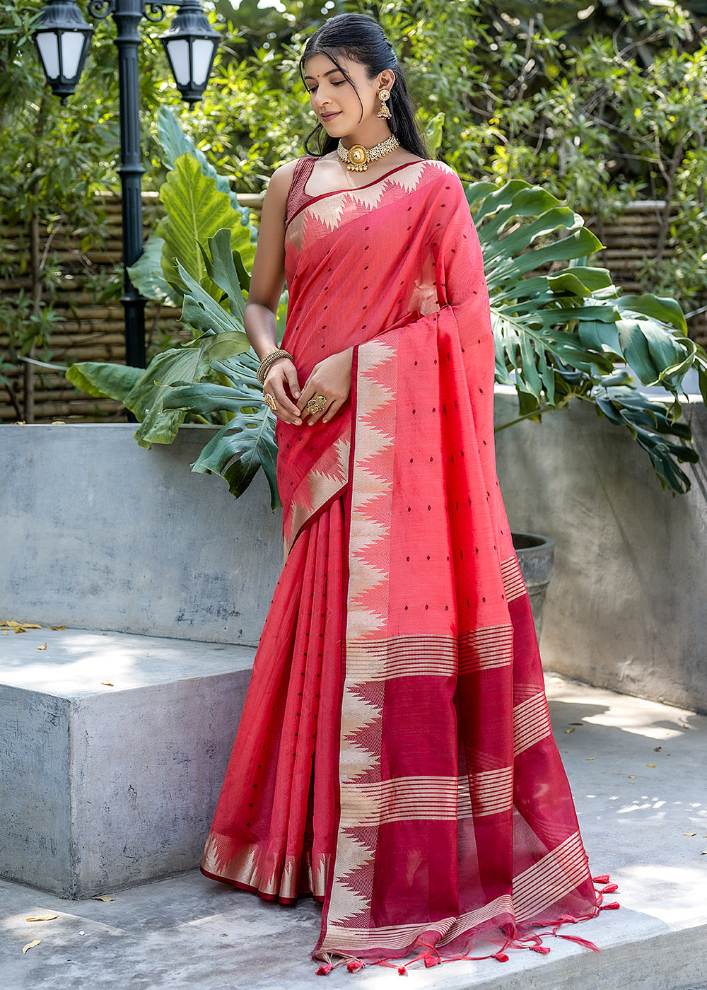 Watermelon Pink Zari Woven Triangle Border Raw Silk Saree with Butti Overall