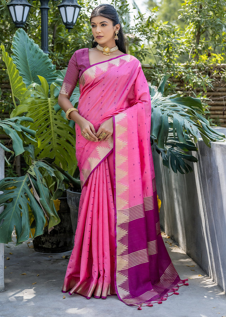 Ultra Pink Zari Woven Triangle Border Raw Silk Saree with Butti Overall