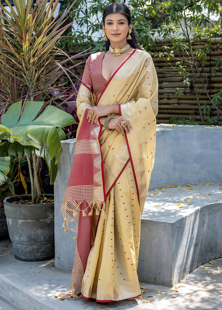 Cream White Zari Woven Triangle Border Raw Silk Saree with Butti Overall