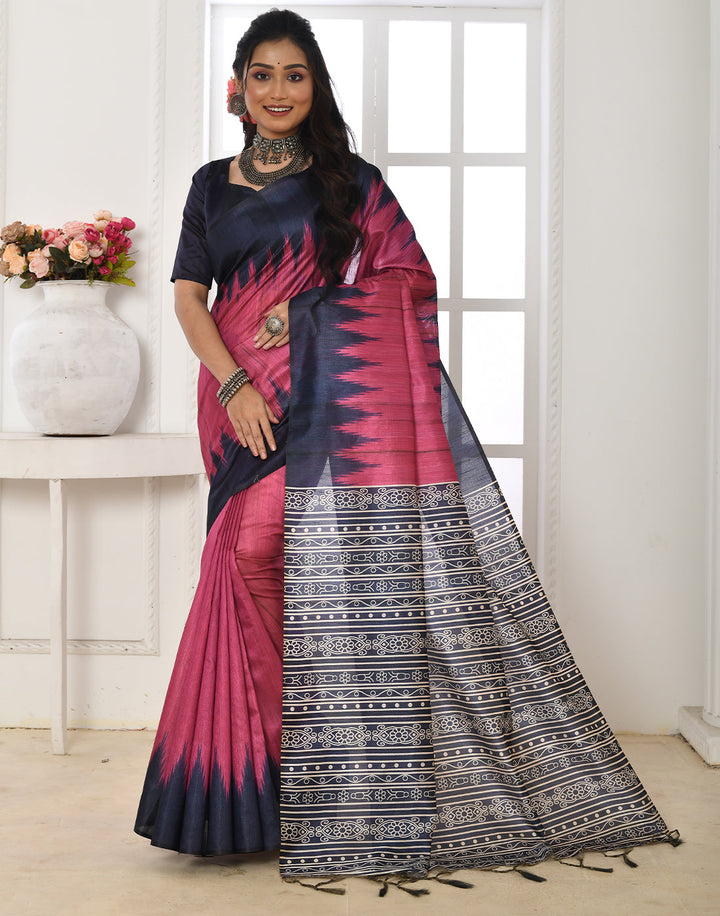 Fuschia Rose Pink Tussar Silk Temple Print Saree