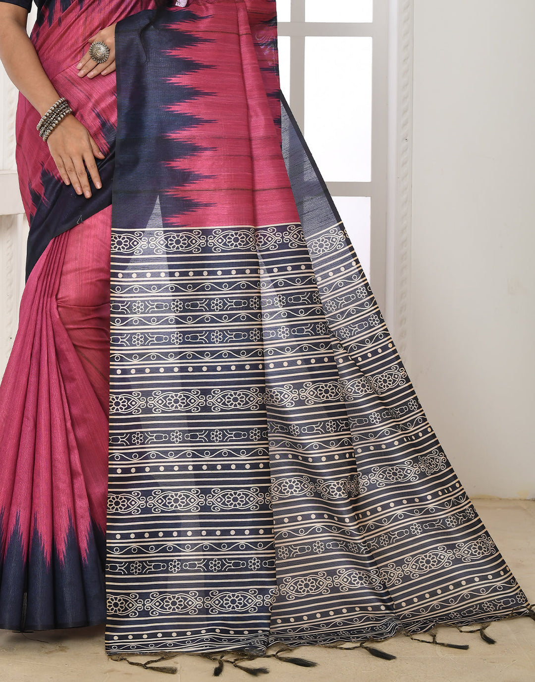 Fuschia Rose Pink Tussar Silk Temple Print Saree