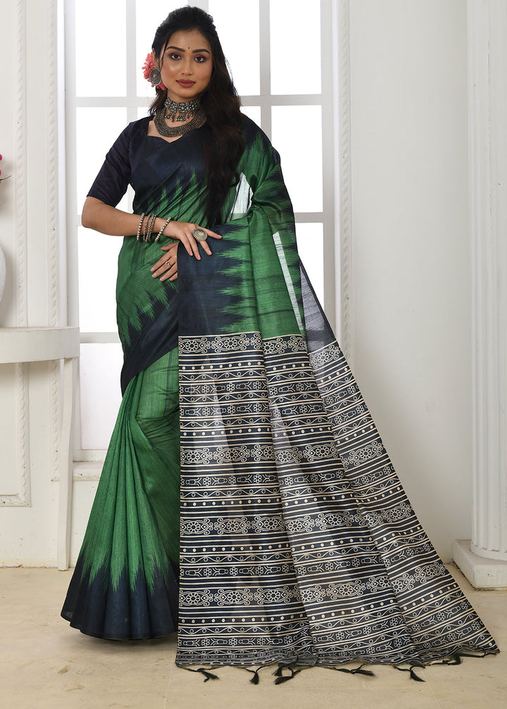 Shamrock Green Tussar Silk Temple Print Saree