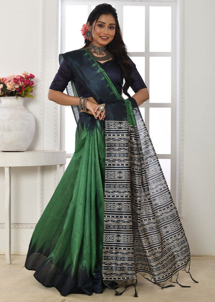 Shamrock Green Tussar Silk Temple Print Saree