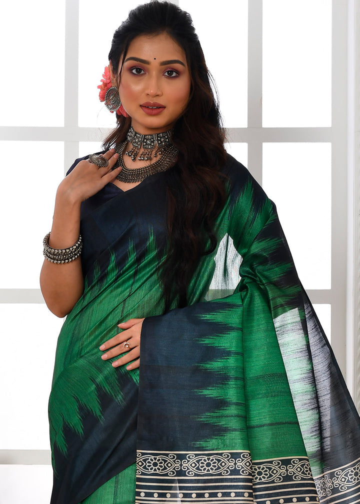 Shamrock Green Tussar Silk Temple Print Saree