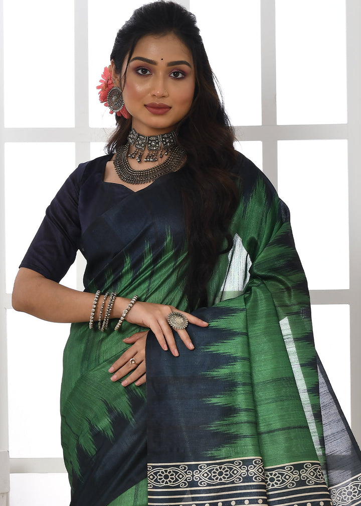 Shamrock Green Tussar Silk Temple Print Saree