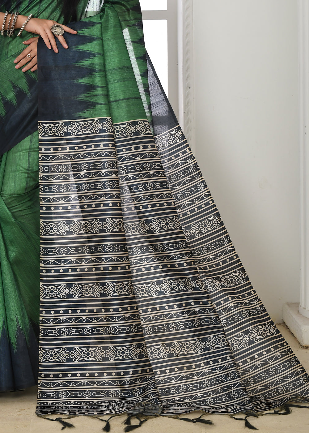 Shamrock Green Tussar Silk Temple Print Saree