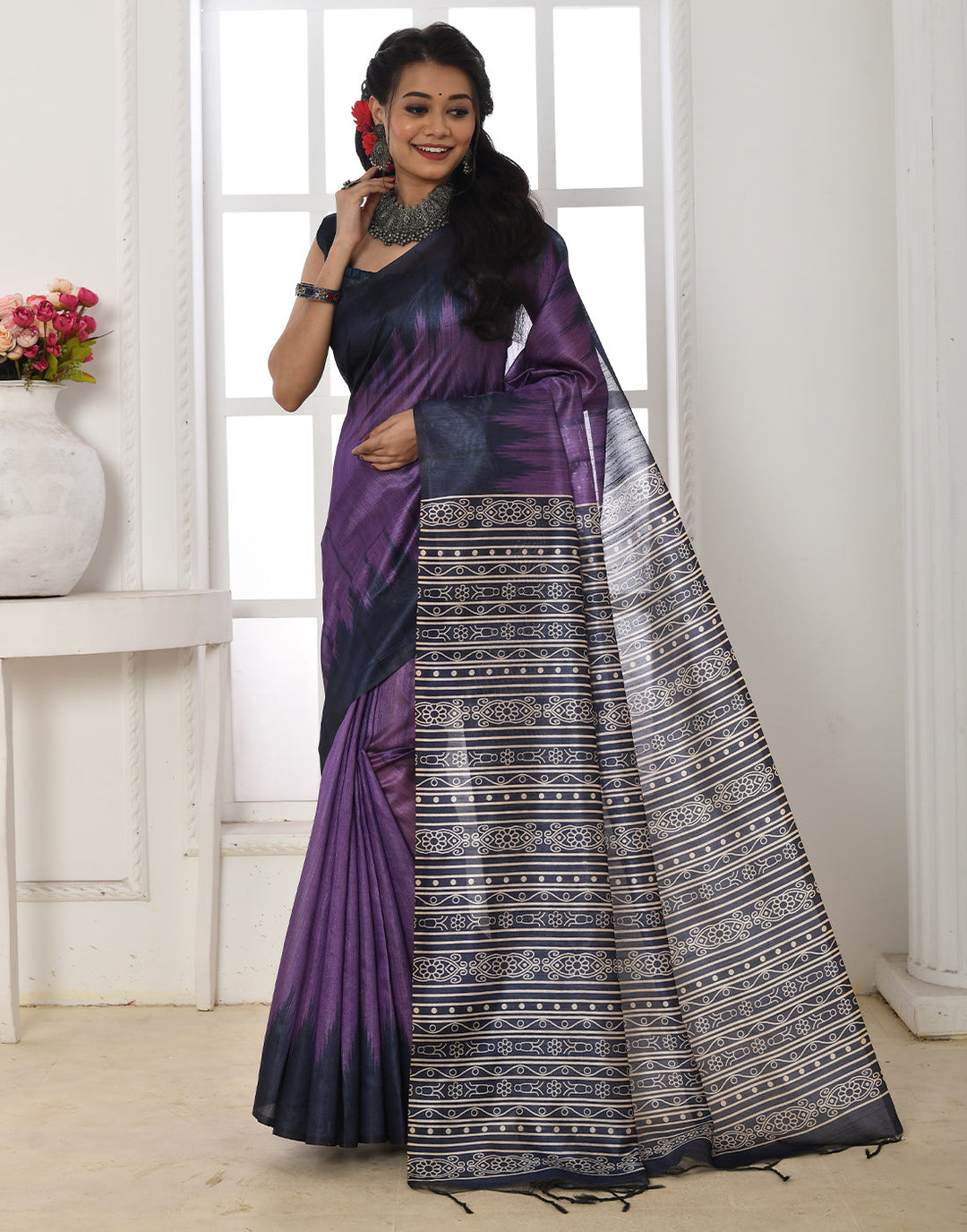 Midnight Purple Tussar Silk Temple Print Saree