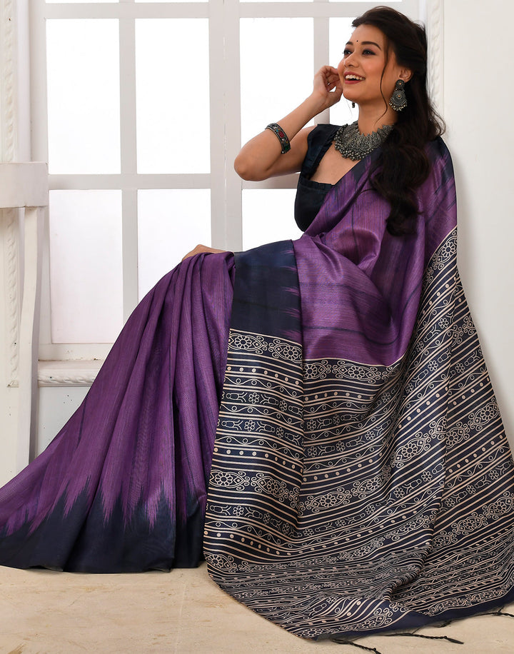 Midnight Purple Tussar Silk Temple Print Saree