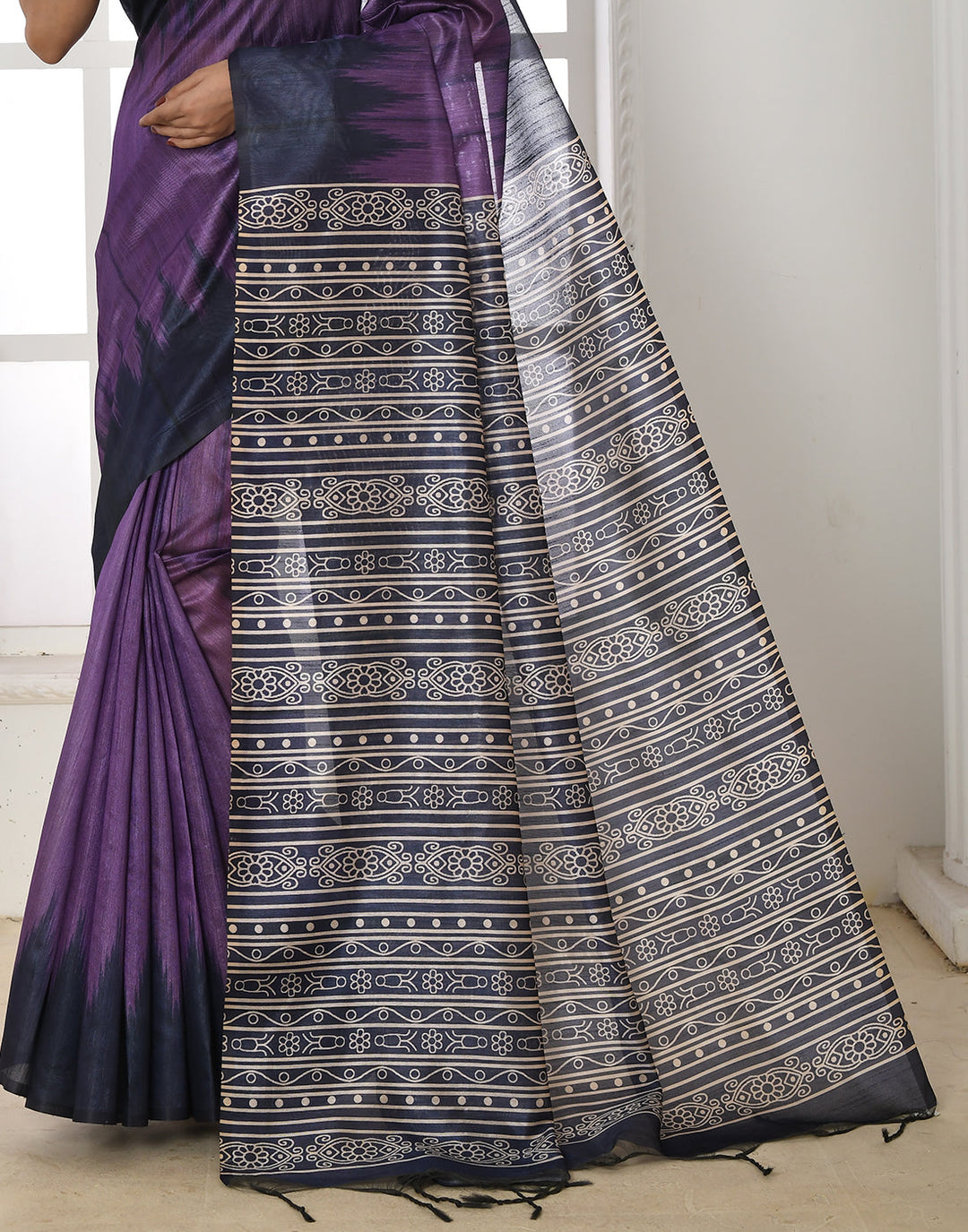 Midnight Purple Tussar Silk Temple Print Saree