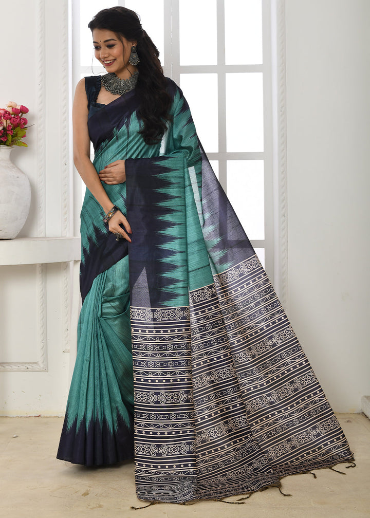 Bondi Blue Tussar Silk Temple Print Saree