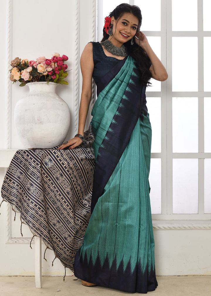 Bondi Blue Tussar Silk Temple Print Saree