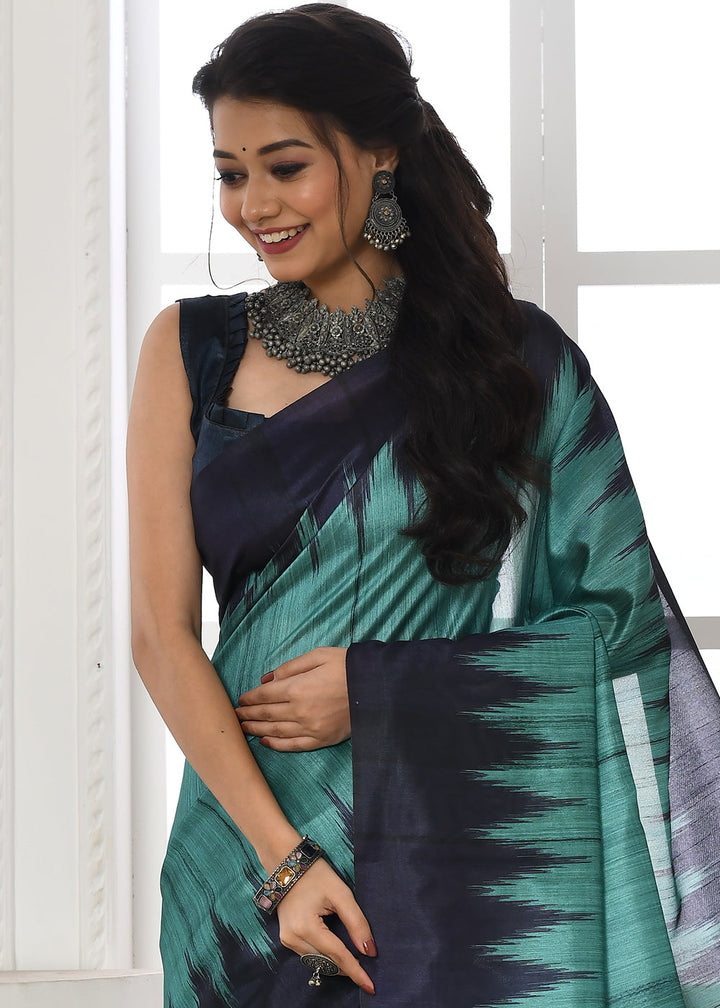 Bondi Blue Tussar Silk Temple Print Saree