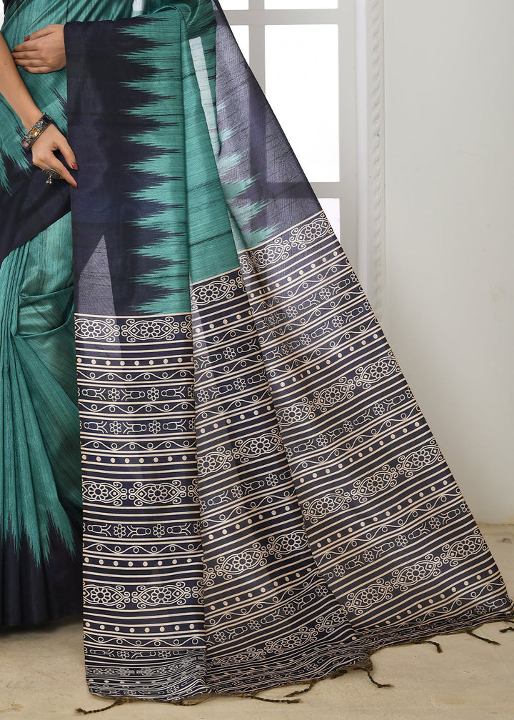 Bondi Blue Tussar Silk Temple Print Saree