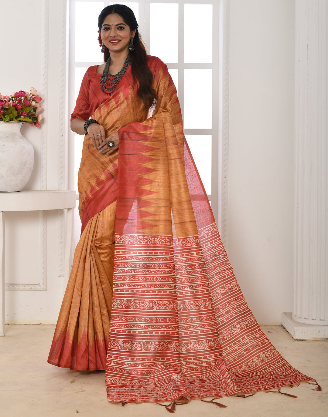 Amber Yellow Tussar Silk Temple Print Saree