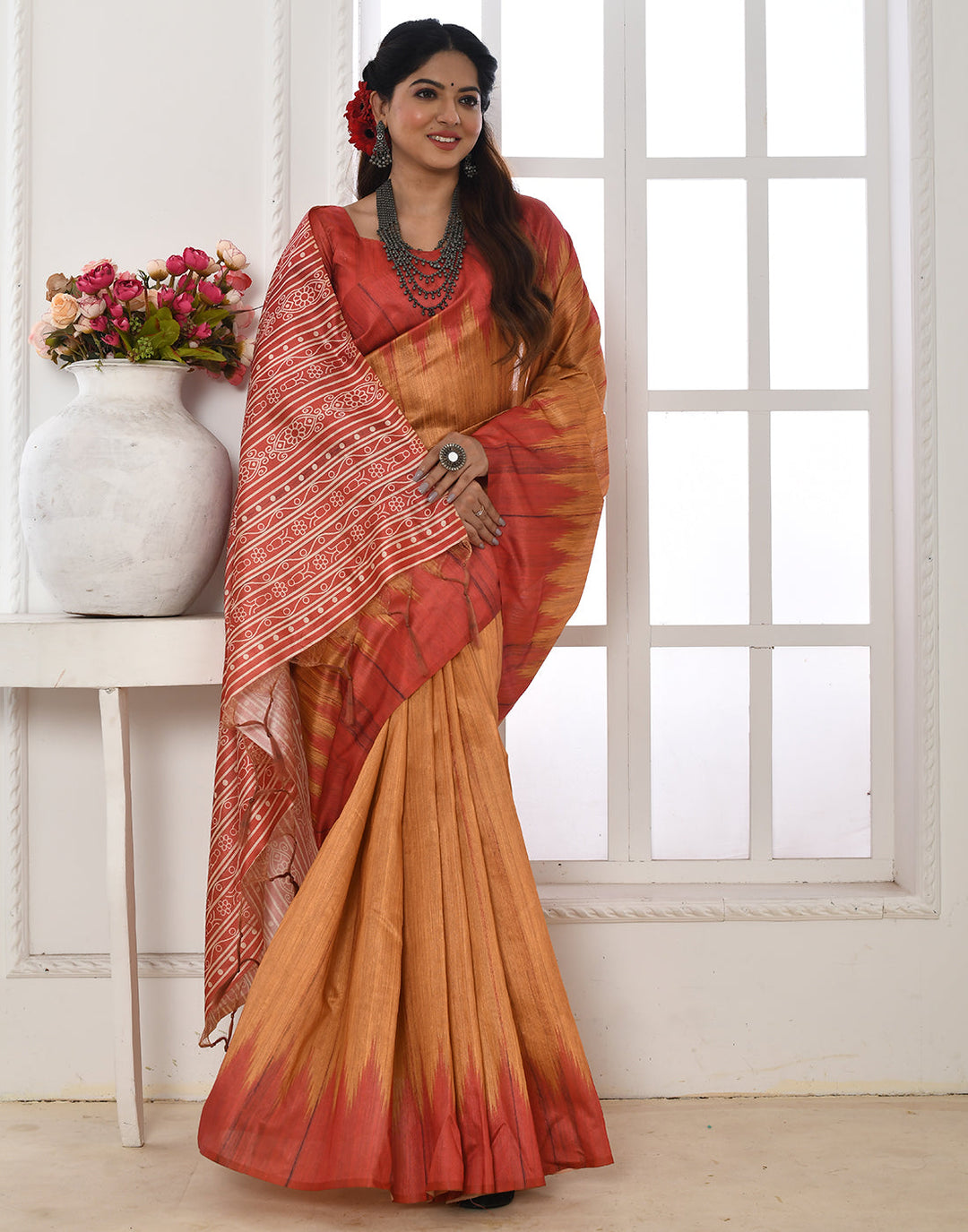 Amber Yellow Tussar Silk Temple Print Saree