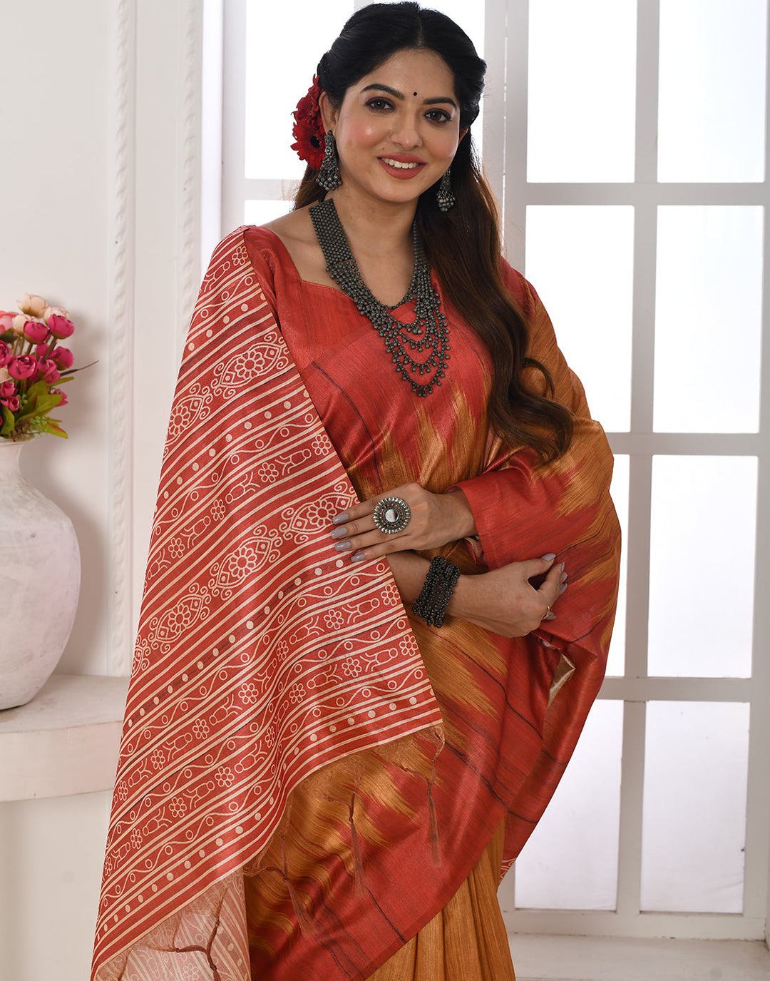 Amber Yellow Tussar Silk Temple Print Saree