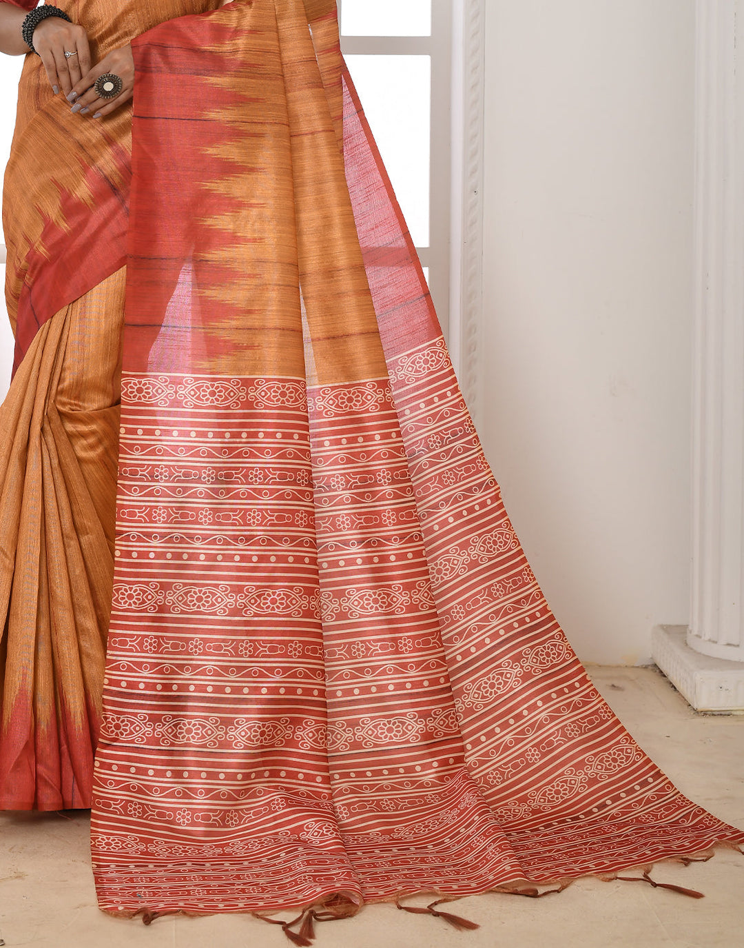 Amber Yellow Tussar Silk Temple Print Saree