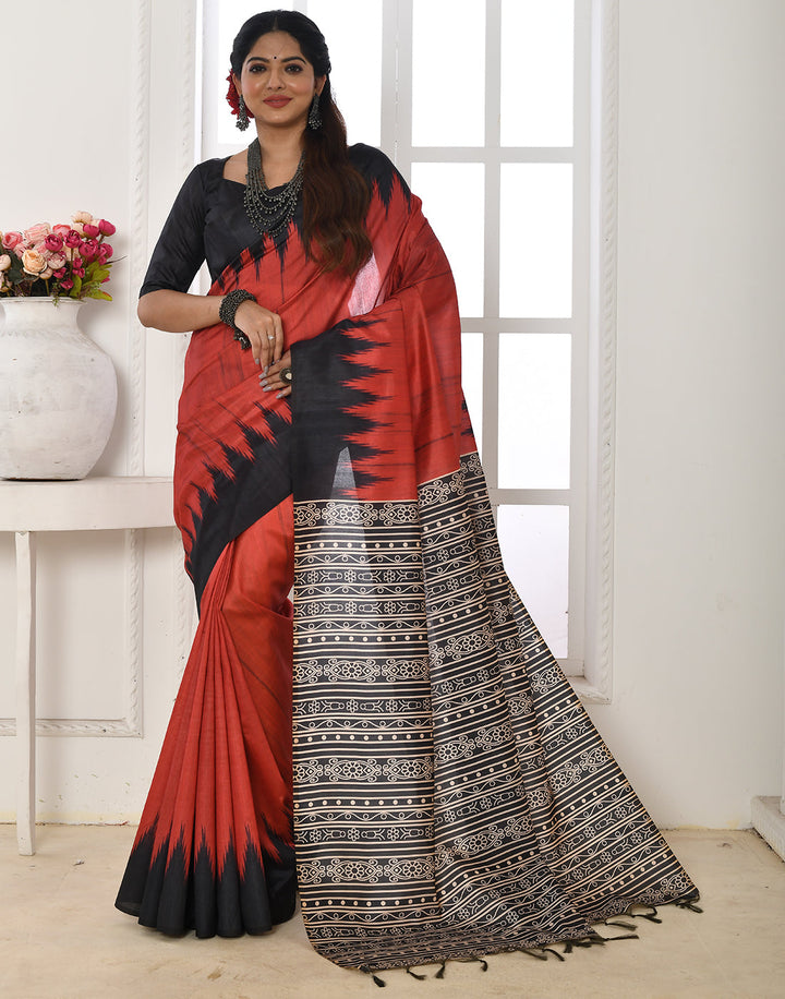 Scarlet Rose Red Tussar Silk Temple Print Saree