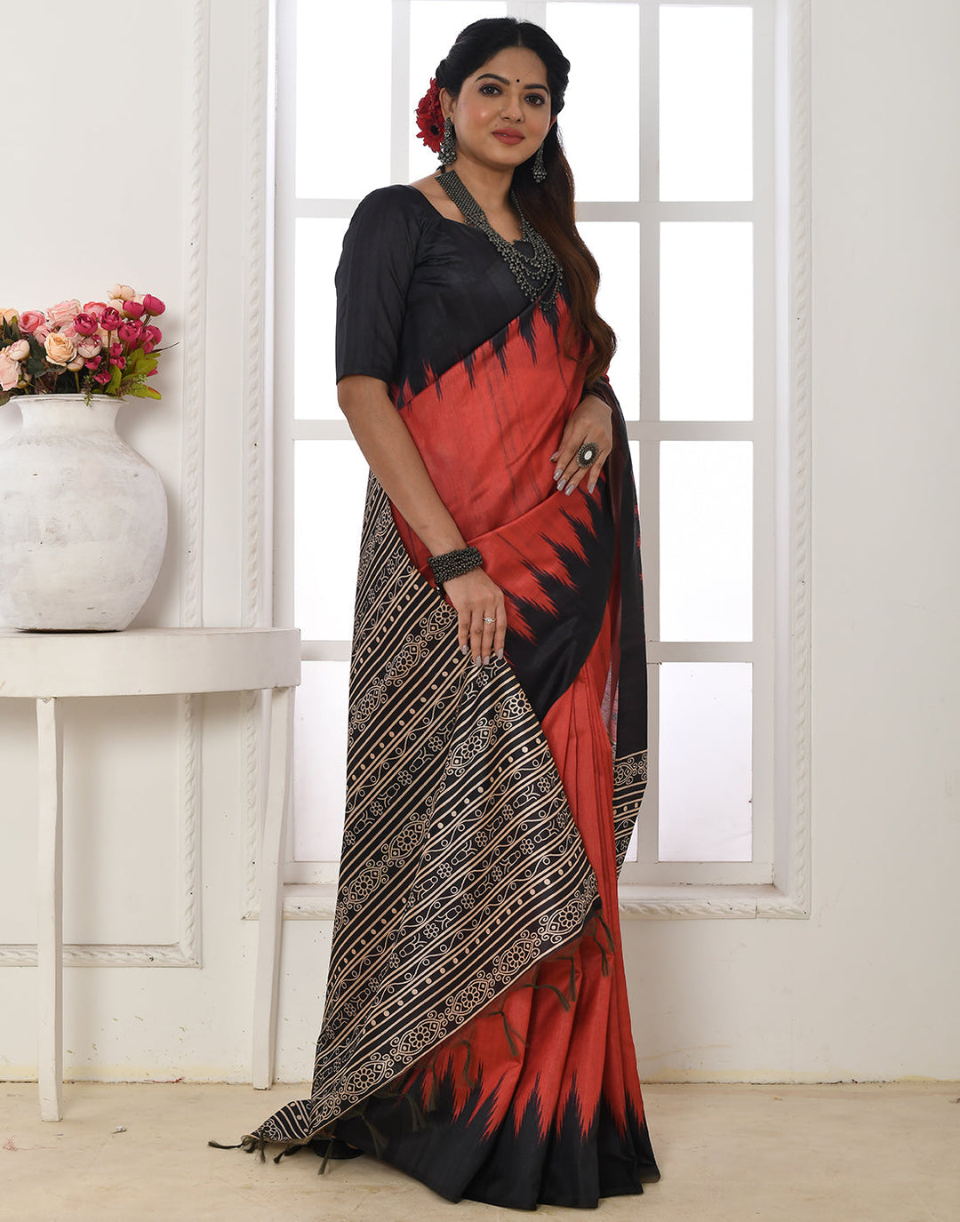 Scarlet Rose Red Tussar Silk Temple Print Saree