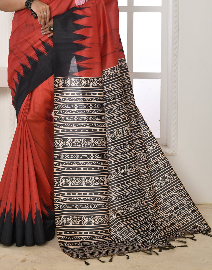 Scarlet Rose Red Tussar Silk Temple Print Saree