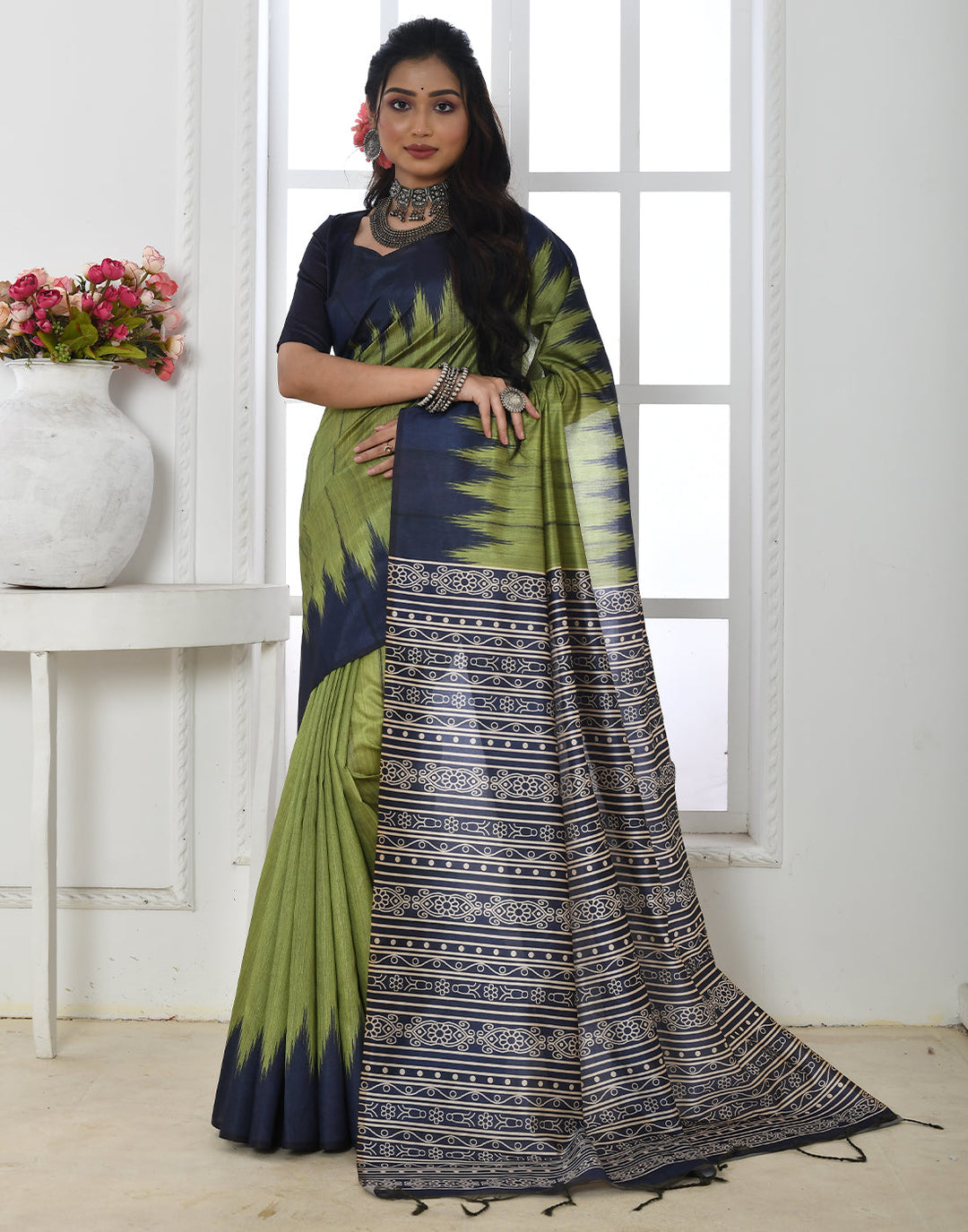 Avocado Green Tussar Silk Temple Print Saree