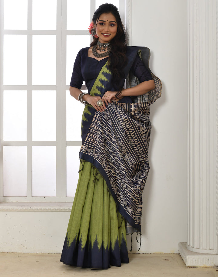 Avocado Green Tussar Silk Temple Print Saree