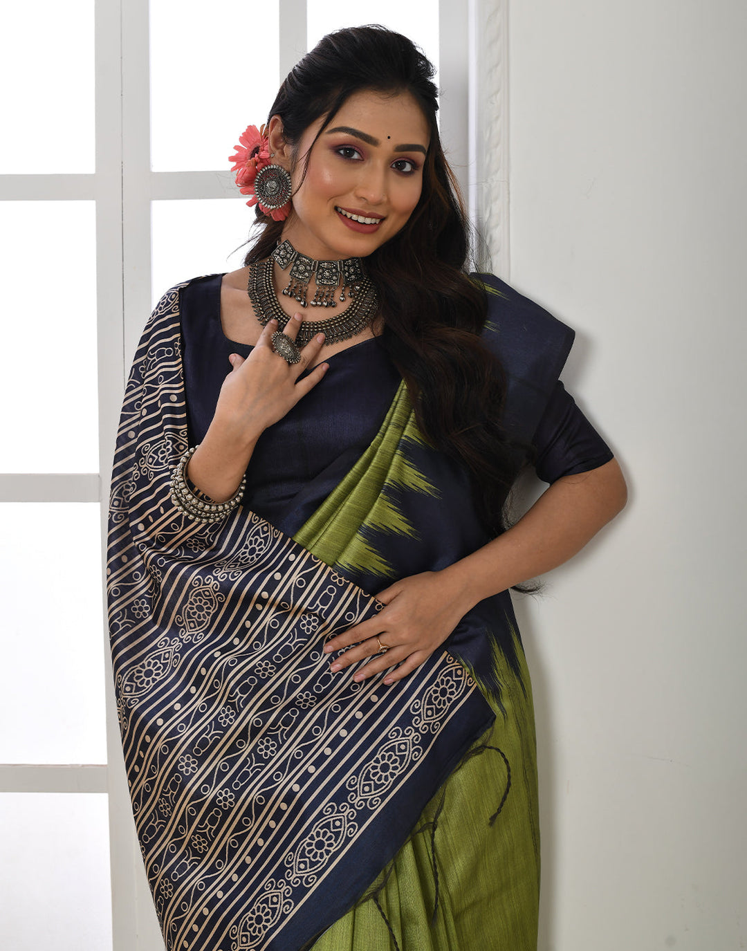 Avocado Green Tussar Silk Temple Print Saree