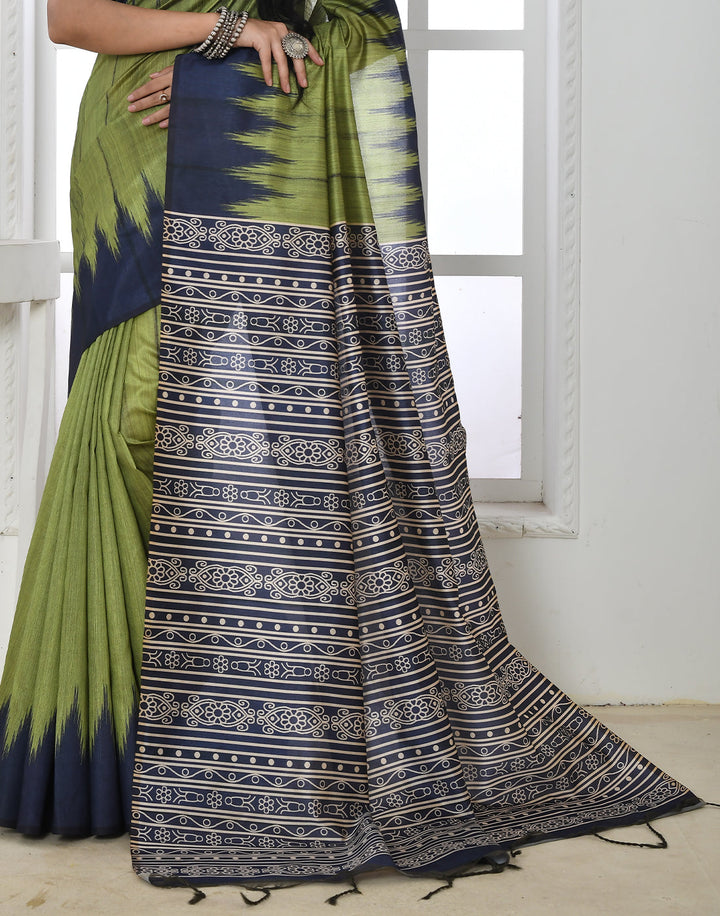 Avocado Green Tussar Silk Temple Print Saree