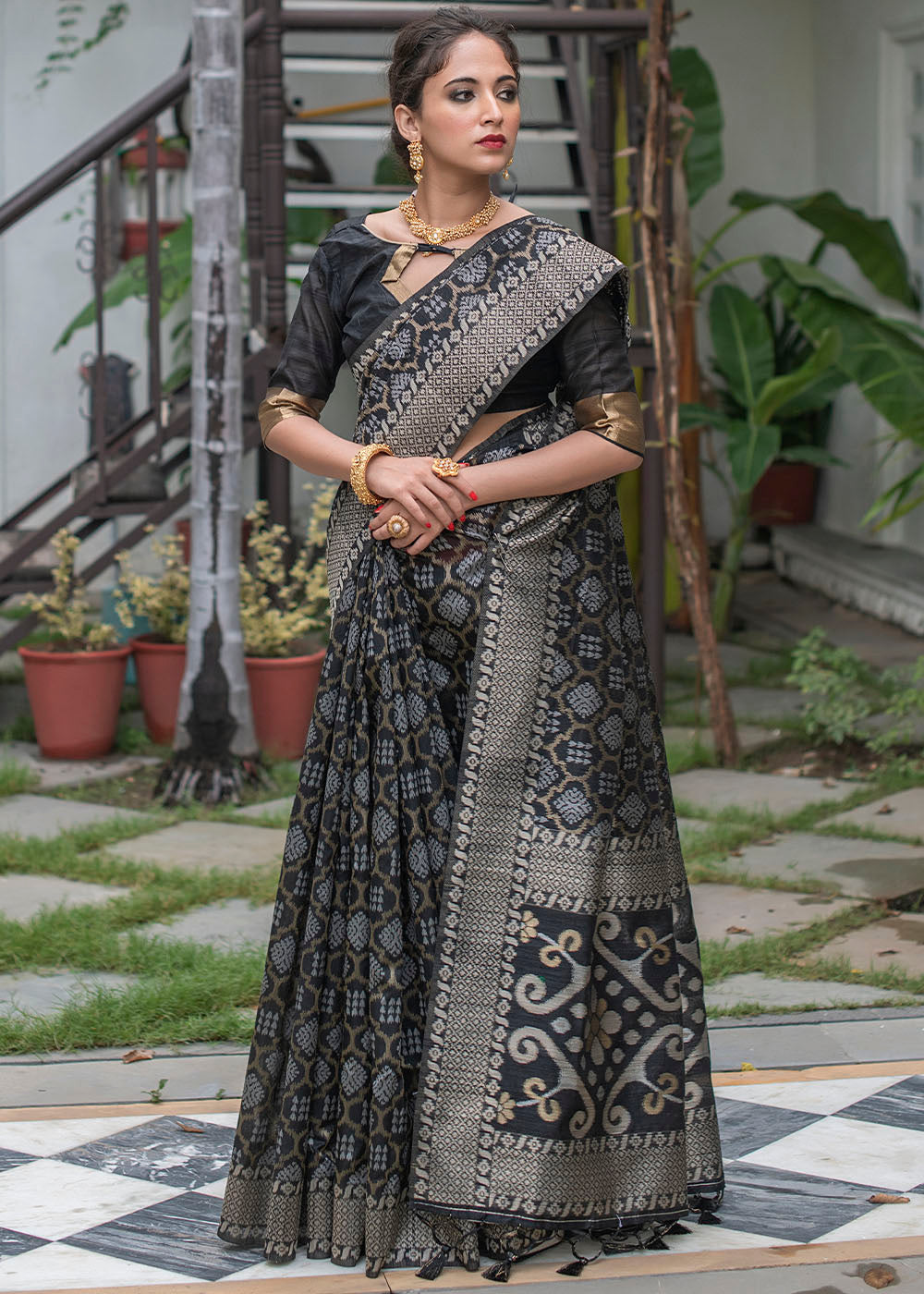 Midnight Black Zari Woven Tussar Silk Saree