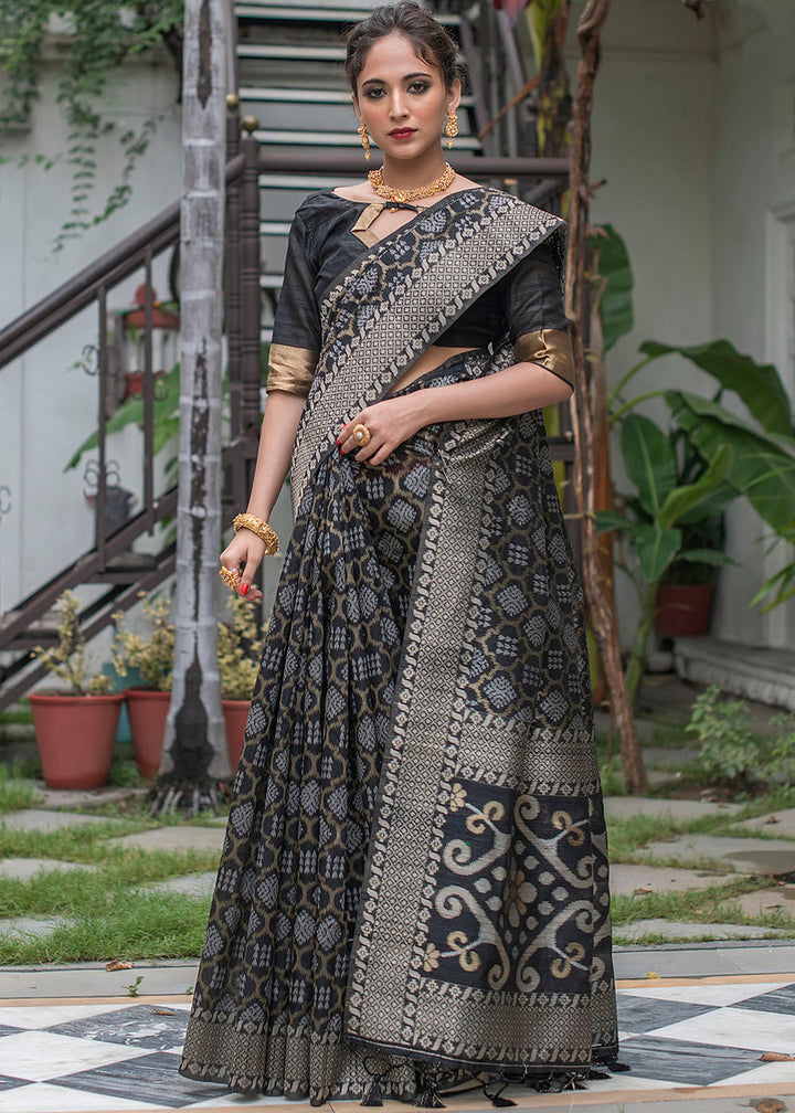 Midnight Black Zari Woven Tussar Silk Saree