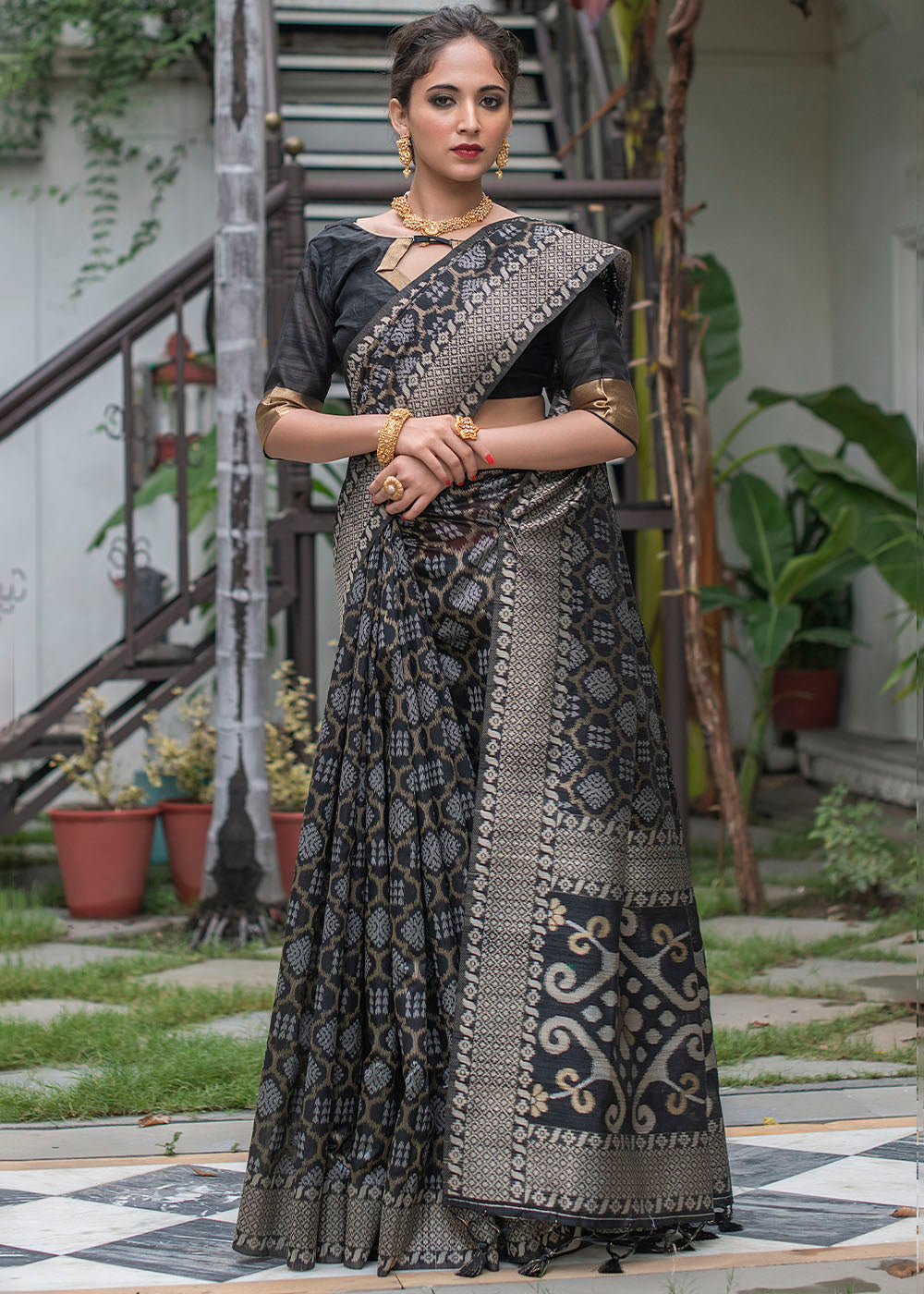 Midnight Black Zari Woven Tussar Silk Saree