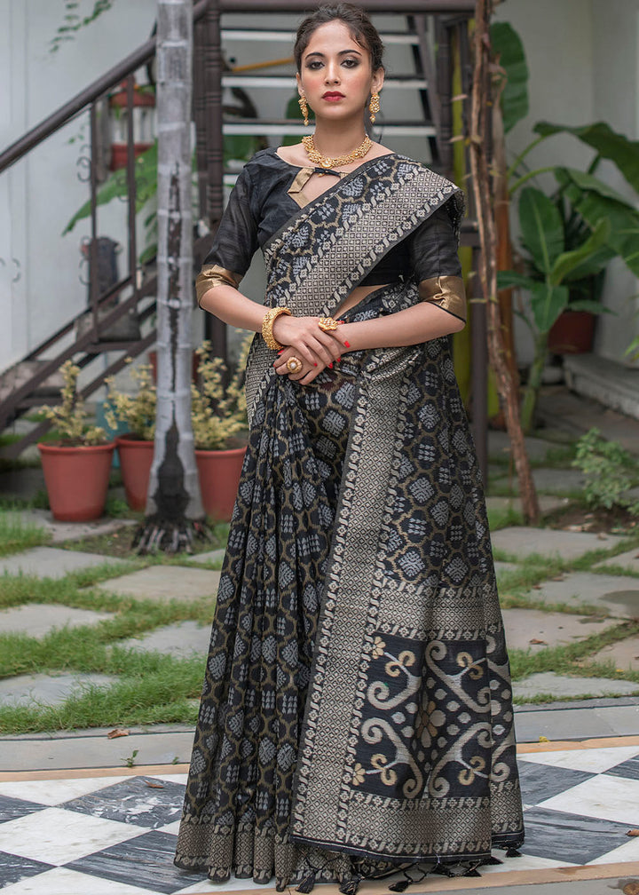 Midnight Black Zari Woven Tussar Silk Saree