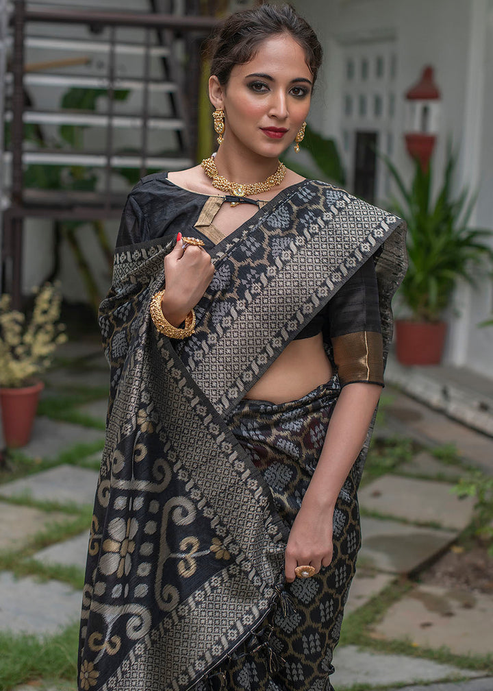 Midnight Black Zari Woven Tussar Silk Saree