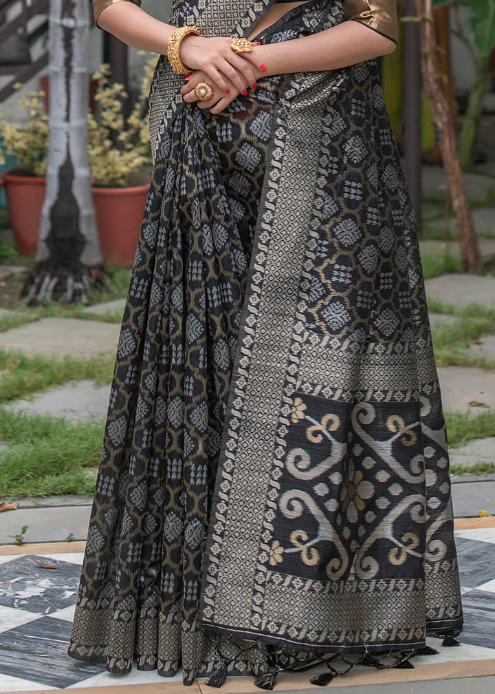 Midnight Black Zari Woven Tussar Silk Saree