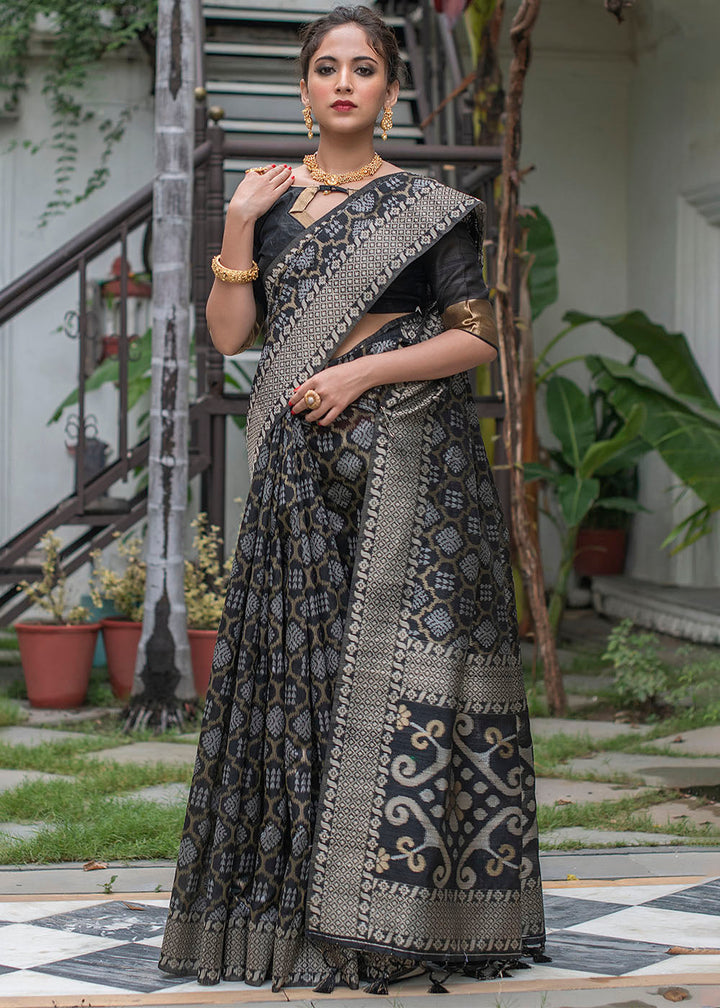 Midnight Black Zari Woven Tussar Silk Saree