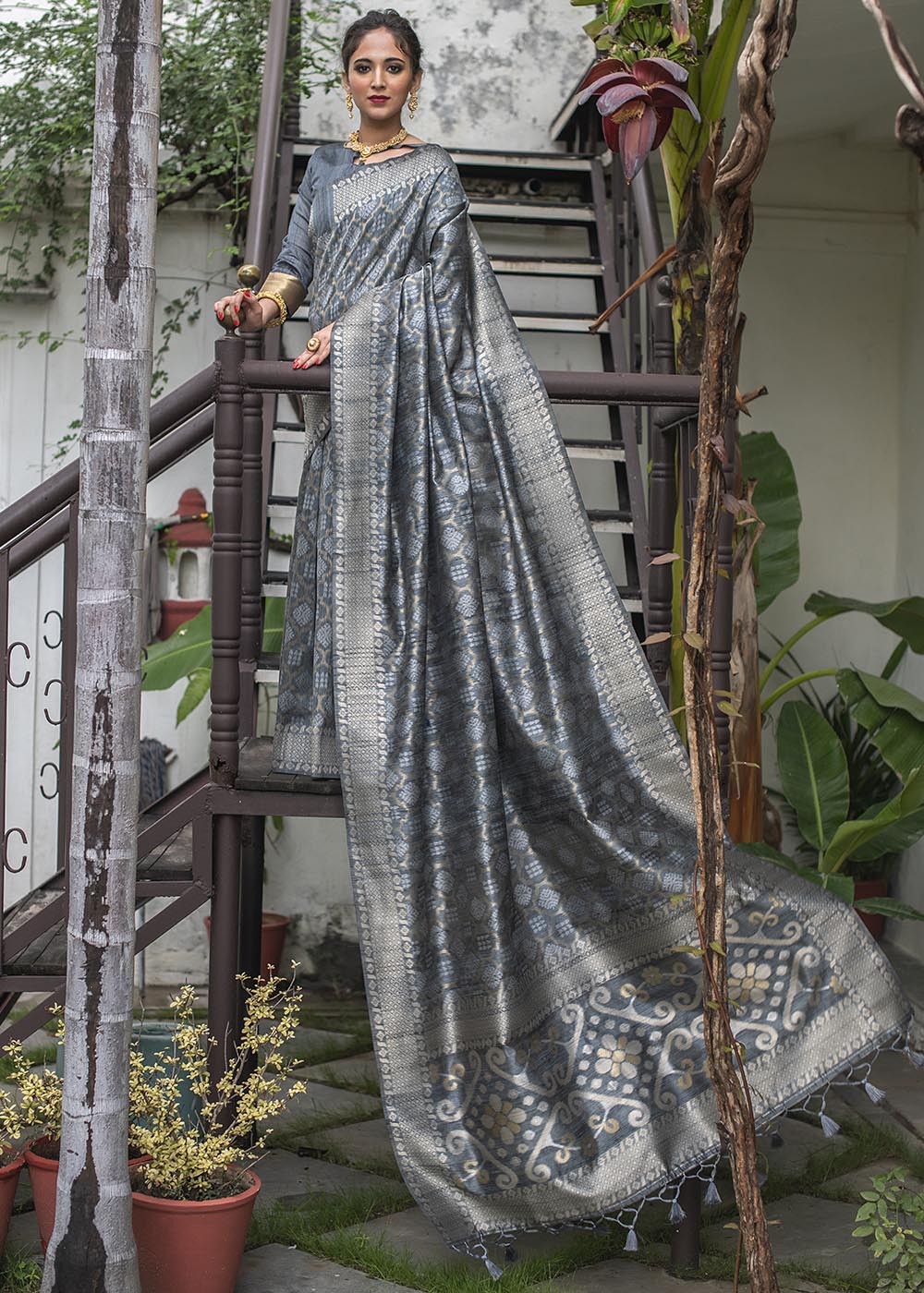 Anchor Grey Zari Woven Tussar Silk Saree