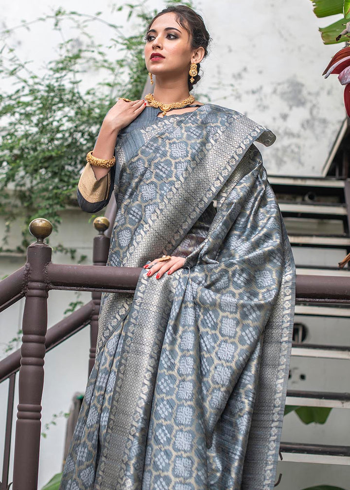 Anchor Grey Zari Woven Tussar Silk Saree