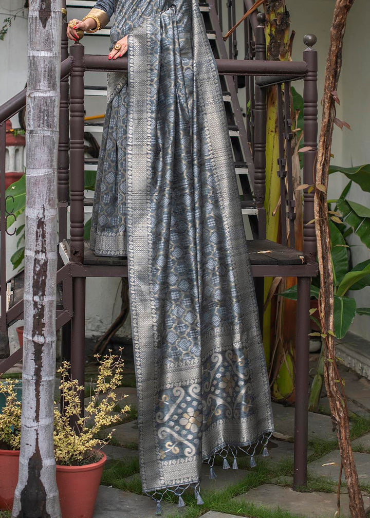 Anchor Grey Zari Woven Tussar Silk Saree