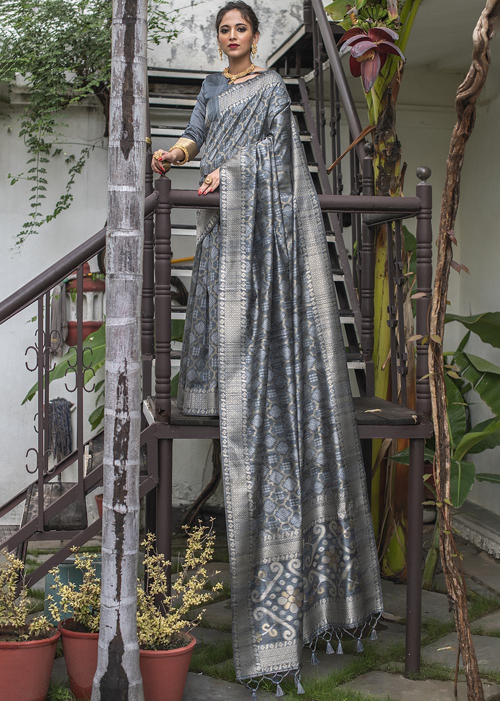 Anchor Grey Zari Woven Tussar Silk Saree