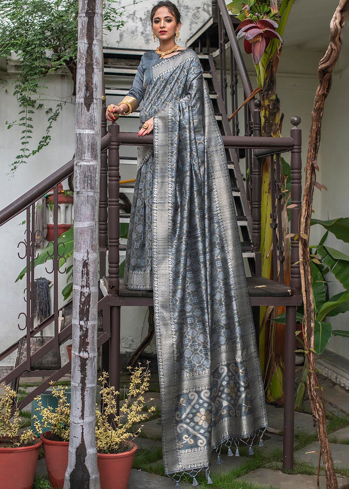 Anchor Grey Zari Woven Tussar Silk Saree