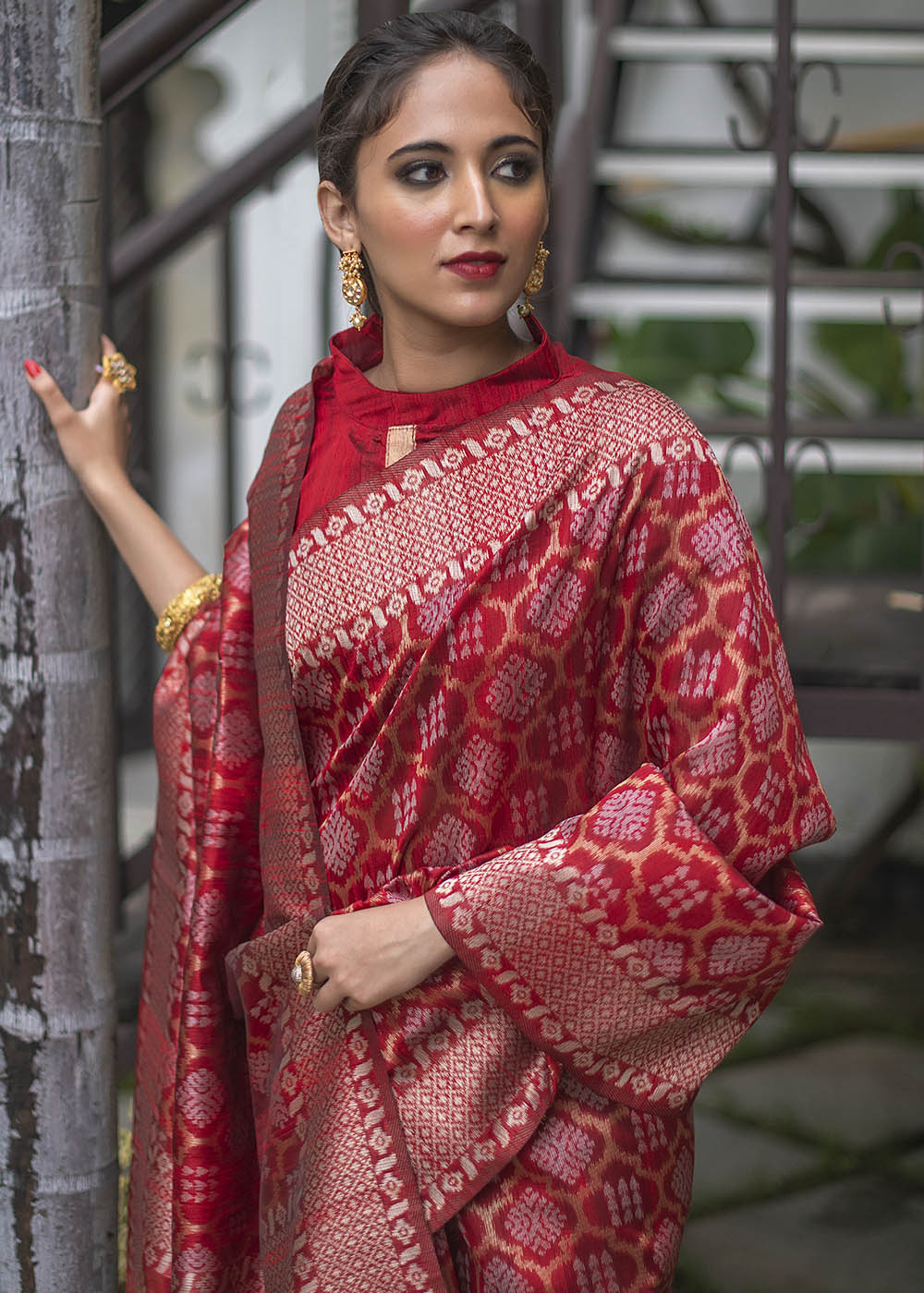 Scarlet Red Zari Woven Tussar Silk Saree