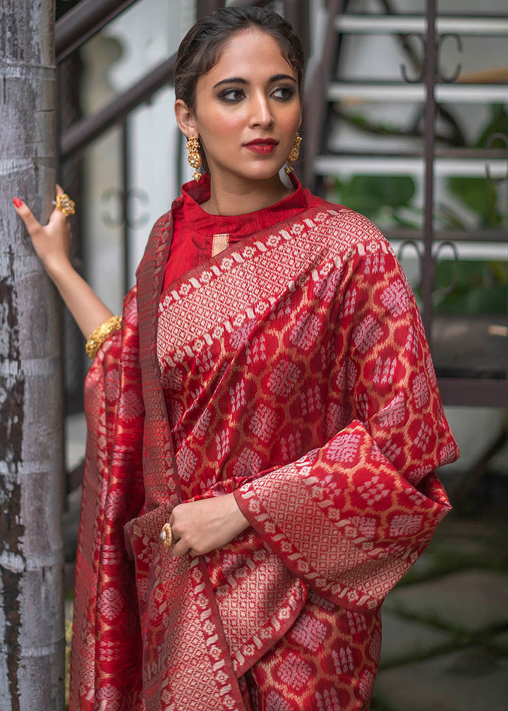 Scarlet Red Zari Woven Tussar Silk Saree