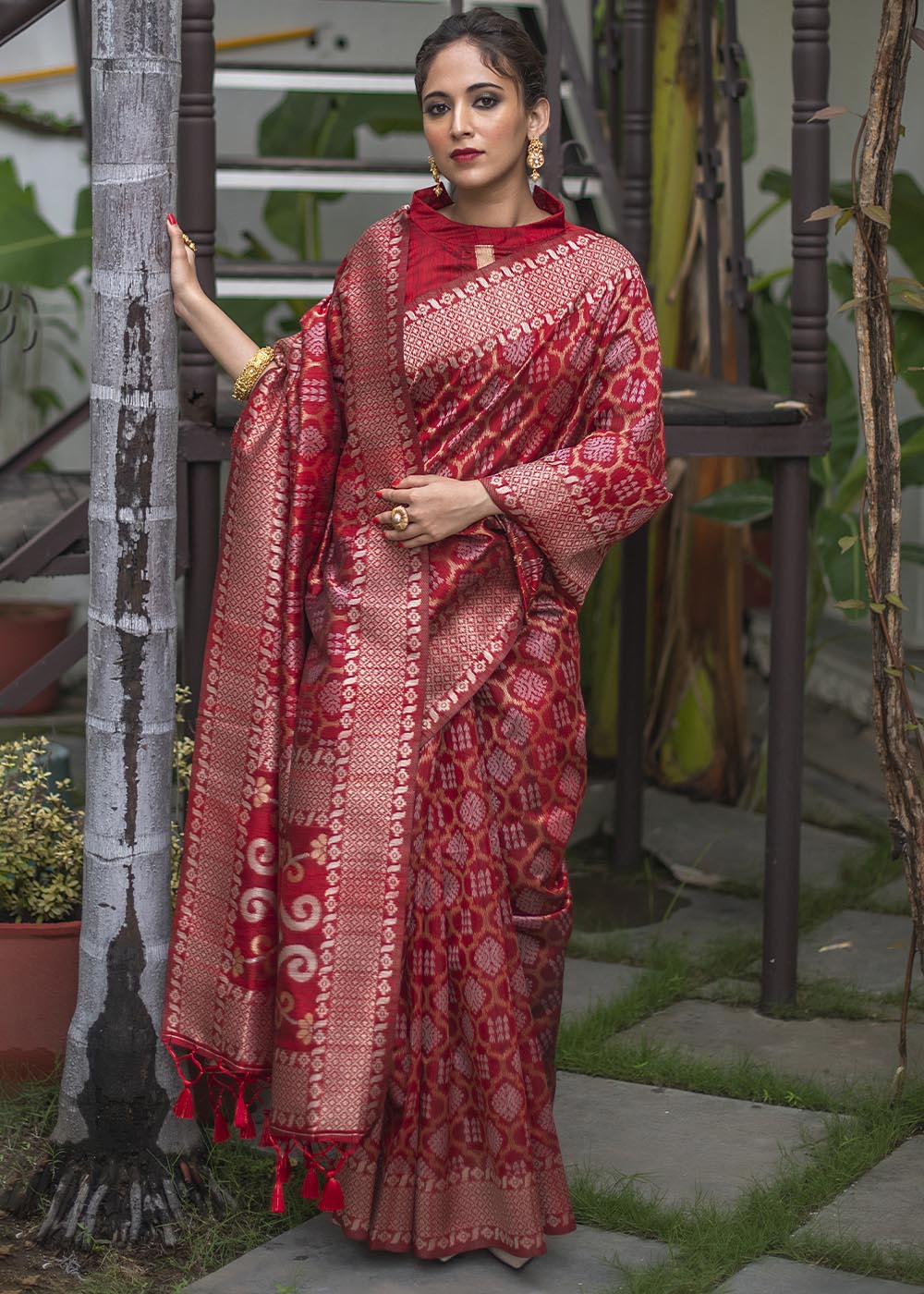 Scarlet Red Zari Woven Tussar Silk Saree