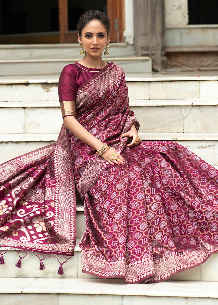 Wine Purple Zari Woven Tussar Silk Saree