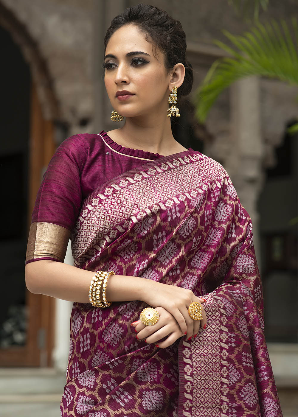 Wine Purple Zari Woven Tussar Silk Saree