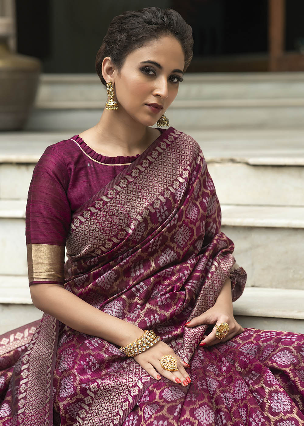 Wine Purple Zari Woven Tussar Silk Saree