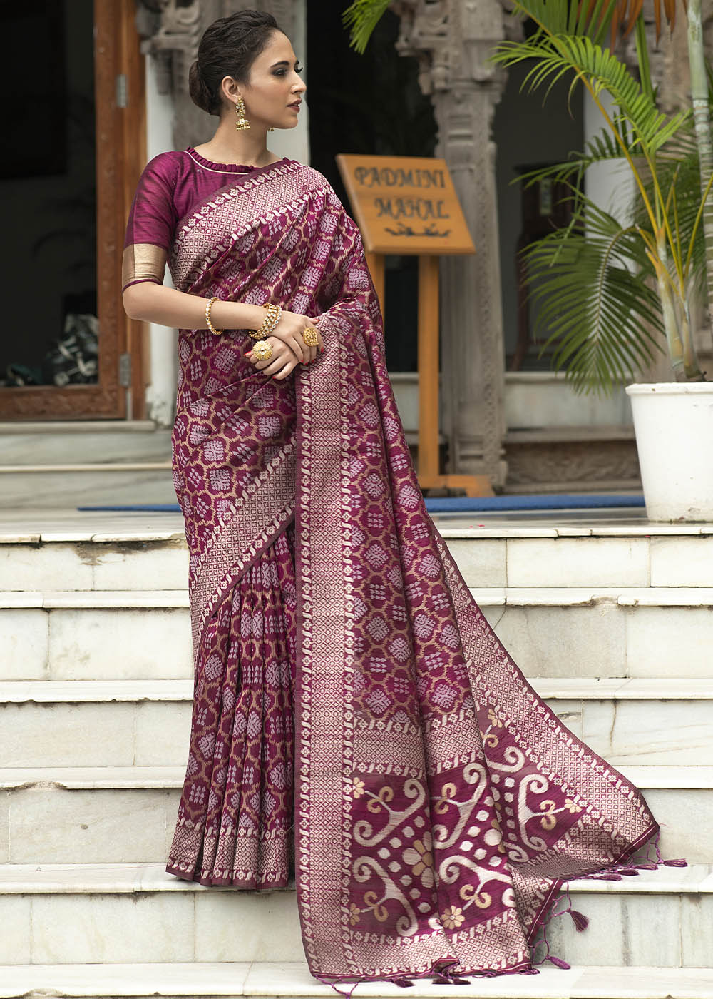 Wine Purple Zari Woven Tussar Silk Saree