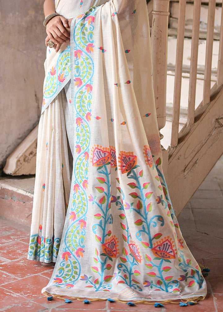 White & Firozi Muga Cotton Saree with Woven Butti All Over